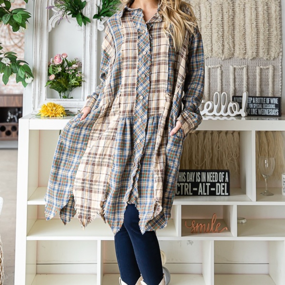 Oli & Hali Plaid Button-Down Tunic in Blue and Tan